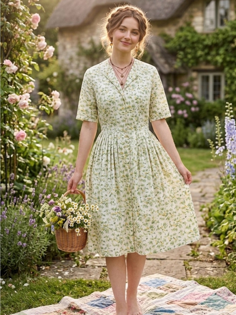 Vintage 60s Barnsville USA Cotton Midi Dress Bird Botanical Print Pleated